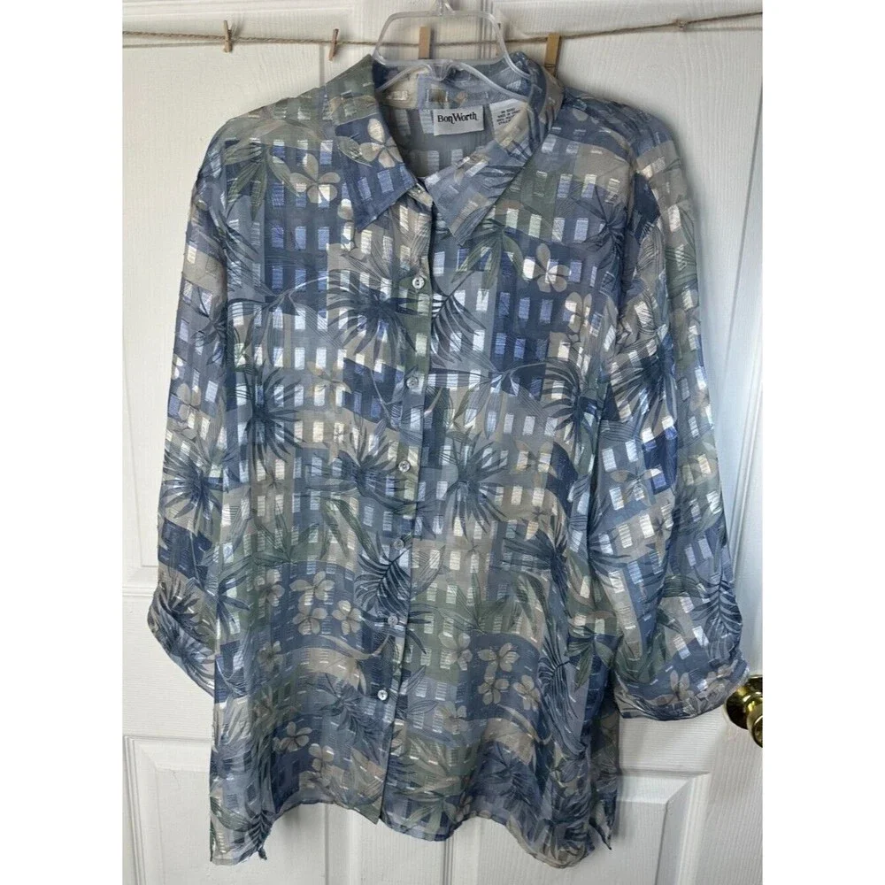 Bon Worth Sheer Big Shirt Women's XL Light Blue Floral Cool Layering Chic Casual